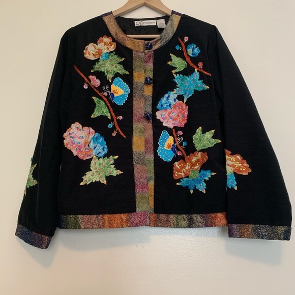 Vintage Black Wearable Art Floral Appliquéd Jacket Women's Size Medium - Picture 7 of 7